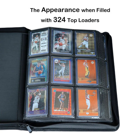 Top Loader Card Binder For 3x4 Inch Cards Holds Over 320 Top Loaders With 18 Double-Sided 9-Pocket Pages open with cards displayed