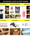 Image showing contents of All In One 160 Piece Survival And First Aid Kit For Outdoors With Upgraded MOLLE Bag; includes lantern, blanket, glow sticks, tinder, fire starter, fish bat.