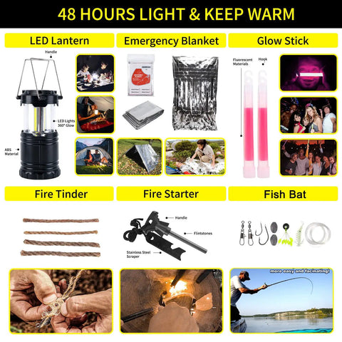 Image showing contents of All In One 160 Piece Survival And First Aid Kit For Outdoors With Upgraded MOLLE Bag; includes lantern, blanket, glow sticks, tinder, fire starter, fish bat.