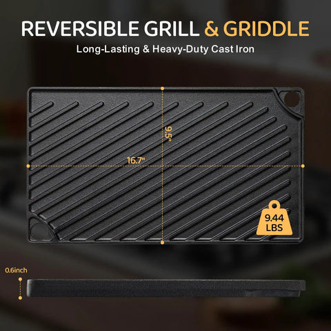 Reversible Cast Iron Grill And Griddle Pan 16.7 By 9.5 Inch Preseasoned Flat Top for Oven Stove Campfire with Easy Grip Handles