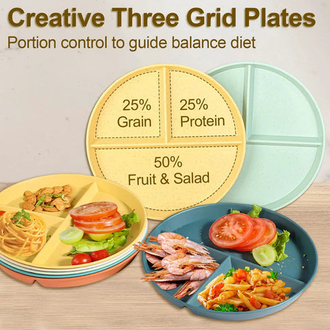 Set Of 8 Unbreakable 9 Inch Divided Plates For Adults With Portion Control, BPA Free Plastic Dinner Plates in stack and separated