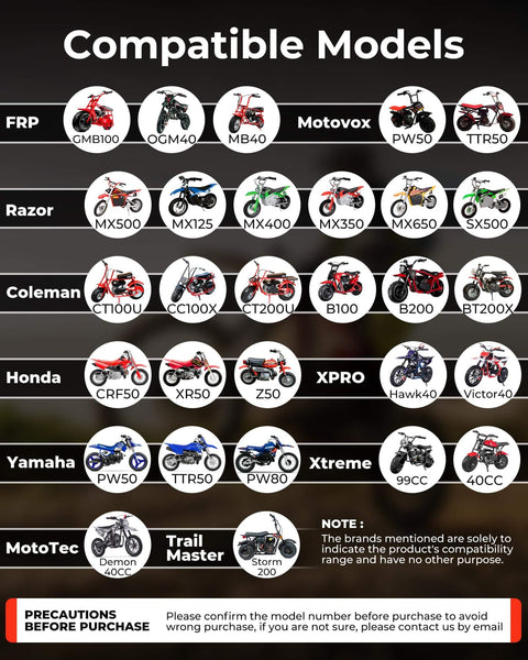 Chart showing compatible models for 4PR Dirt Bike Training Wheels Kit With Adjustable Height For Mini Bikes And Dirt Bikes