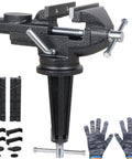 Badass 3.2 Inch Bench Vise With Fully Swiveling 360 Rotation And Grippy Soft Jaws in black, includes gloves and accessories.