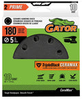 Gator Auto Hook And Loop Ceramic Sanding Discs With Quick Change System For 180 Grit blending paint removal, 5-inch discs in packaging.