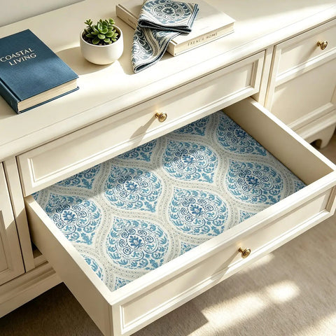 Vintage Blue Floral Damask Peel And Stick Wallpaper For Kitchen Cabinets Rad Self Adhesive Contact Paper Rolls in drawer.