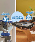 Front view of gray Dremel 8240 cordless rotary tool with blue accessory clamp.