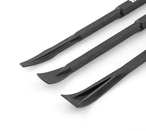 Three black pry bars from 3-Piece Non-Marring Pry Bar Set With Double-Ended Nylon Tools, 7.25-Inch Pry Bars For Tight Spaces And Quick Access