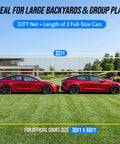 Two cars parked with a 32ft volleyball net in backyard, illustrating All In One Outdoor Volleyball Net Set For Backyard And Beach Fun size.