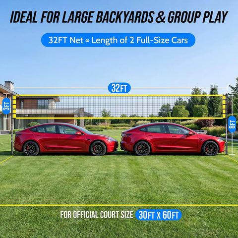 Two cars parked with a 32ft volleyball net in backyard, illustrating All In One Outdoor Volleyball Net Set For Backyard And Beach Fun size.