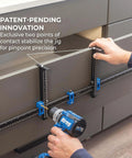 Cabinet Hardware Jig Pro XL Flexible Full Length To Compact Setup For Wide Pulls Or Knob Mounts Pro Grade Accuracy in use on drawer