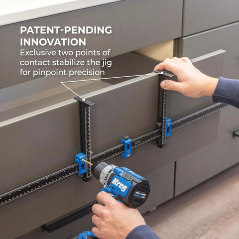 Cabinet Hardware Jig Pro XL Flexible Full Length To Compact Setup For Wide Pulls Or Knob Mounts Pro Grade Accuracy in use on drawer