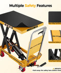 Heavy Duty Hydraulic Lift Table Cart With Single Scissor Mechanism And 1100 Lb Capacity, non-slip surface and safety features.