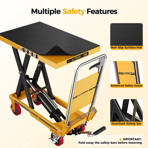 Heavy Duty Hydraulic Lift Table Cart With Single Scissor Mechanism And 1100 Lb Capacity, non-slip surface and safety features.