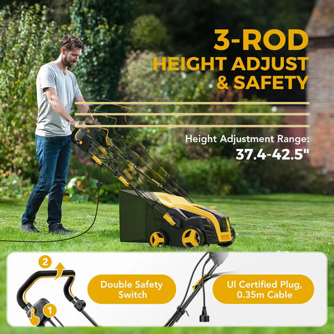 Man using 16 Inch 2 In 1 Electric Dethatcher And Scarifier with 5 Position Depth Adjustment for Lawns, 15 Amp Copper Motor