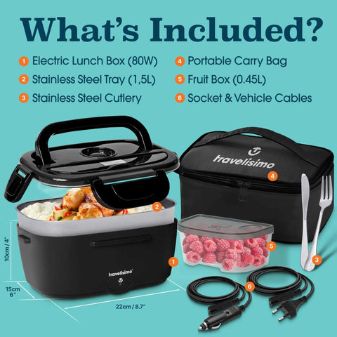 Electric Heated Lunch Box For Adults 100W Portable Food Warmer 1.5L Stainless Steel With 12 24 110V shown with accessories