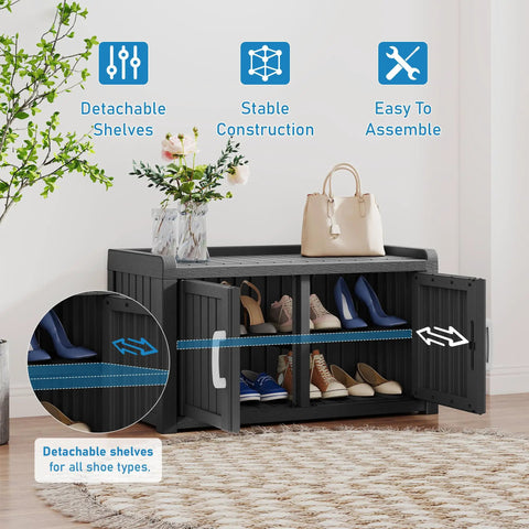 All-Weather Resin Outdoor Shoe Storage Cabinet With Barn Doors And Entryway Bench No Fuss Waterproof And UV Resistant Indoor Outdoor Use Adjustable Shelves For Entryway Hallway Bedroom Or Living Room Black shown with open doors and shoes inside