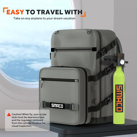 Scuba Diving Backpack With Detachable Small Bag For Travel Holds Mini Scuba Tanks, rugged and weatherproof by airplane window