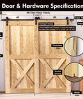 Black Rustic Single Track Bypass Sliding Barn Door Hardware Kit For Two Doors 48 Inch Wide By 84 Inch High 8 Foot Flat Track With Classic Roller And Heavy Duty Carbon Steel Build For Interior Use Only shown in detail.