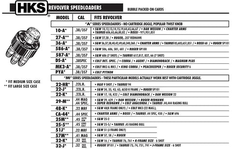 Chart showing revolver models and calibers for 29 M Revolver Speedloader for 44 Magnum Fits Smith and Wesson 29 and 629 Dan Wesson Ruger Redhawk Super Redhawk Colt Anaconda Taurus Raging Bull Two Pack With Twist Knob Design For Fast Smooth Loading