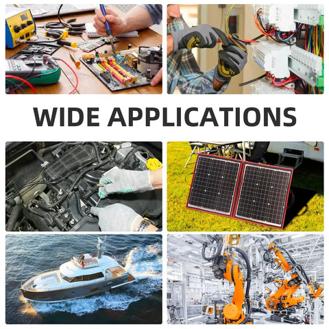 Collage with electronics, wiring, automotive, solar panel, boat, and robotics applications showing versatility for 10 Pack 6-10 AWG Wire Connector Kit.