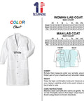 Personalized Embroidered Lab Coat For Men 42 Inch Custom Name Text Medical Laboratory Coat Medium Size Durable Comfort Fit Add Your Name For A Pro Grade Lab Jacket with color and size charts displayed.
