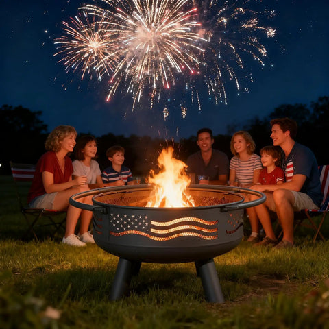 Cozy 32 Inch American Flag Fire Pit With Mesh Cover And Poker For Patio Garden And Backyard Round Metal Wood Burning Outdoor Firepit