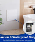 No Sweat Self Adhesive Drywall Access Panel 10 X 10 Inch installed in a bathroom, showing seamless waterproof design and plumbing access.