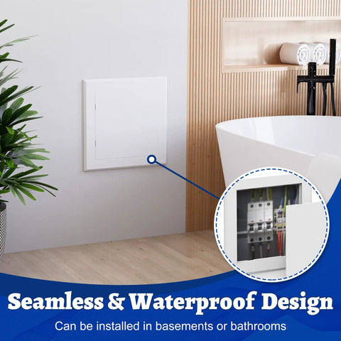No Sweat Self Adhesive Drywall Access Panel 10 X 10 Inch installed in a bathroom, showing seamless waterproof design and plumbing access.