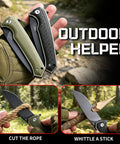 Keen Folding Pocket Knife Dope EDC Gear with 84mm 14C28N blade, shown cutting rope and whittling stick, carbon fiber and G10 handles