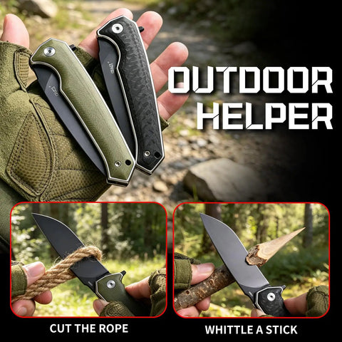 Keen Folding Pocket Knife Dope EDC Gear with 84mm 14C28N blade, shown cutting rope and whittling stick, carbon fiber and G10 handles