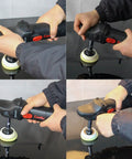 Person using Mini Rotary Car Polisher with pads on a black surface for deep buffing and scratch removal, showcasing grip and ease of use.