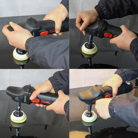 Person using Mini Rotary Car Polisher with pads on a black surface for deep buffing and scratch removal, showcasing grip and ease of use.