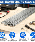 ER308L Stainless TIG Welding Rods Set for 304 Stainless Steel, 1 Sixteenth x 16 Inch Filler Rod, Low Carbon, 60 Pcs, Pro Grade, Heavy Duty, Corrosion Resistant GTAW Welding Wire for Kitchen Equipment, Handrails, Tubing. 60 rods on workbench