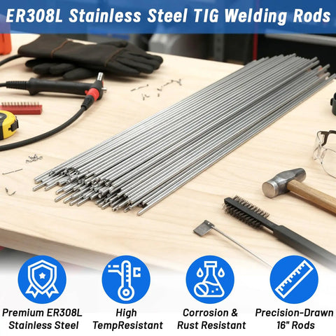 ER308L Stainless TIG Welding Rods Set for 304 Stainless Steel, 1 Sixteenth x 16 Inch Filler Rod, Low Carbon, 60 Pcs, Pro Grade, Heavy Duty, Corrosion Resistant GTAW Welding Wire for Kitchen Equipment, Handrails, Tubing. 60 rods on workbench