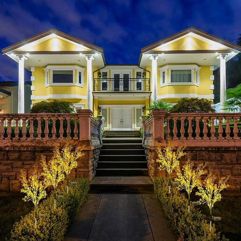 2-Pack Golden Solar Flower Lights Outdoor Waterproof With 7 Stems illuminating path in front of a large house at night