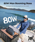 Outdoor Bluetooth Speaker With Crankin Bass Subwoofer And BassUp 2.0 80W Power for camping on a boat, visible on deck with man.