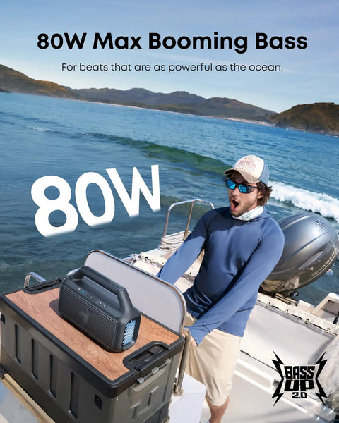 Outdoor Bluetooth Speaker With Crankin Bass Subwoofer And BassUp 2.0 80W Power for camping on a boat, visible on deck with man.