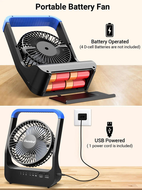5 Inch Battery Powered Desk Fan with D cell battery compartment and USB option for camping and travel