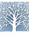 Tree of Life laser-cut notecards; white tree silhouette cut from blue cardstock.