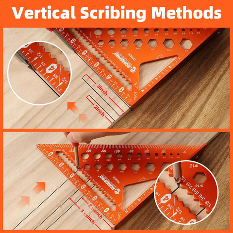 Rock Solid 2 Piece Rafter Square Set Featuring 12 Inch And 7 Inch Carpenter Squares Heavy Duty Aluminum Layout Tools in use for scribing measurements.