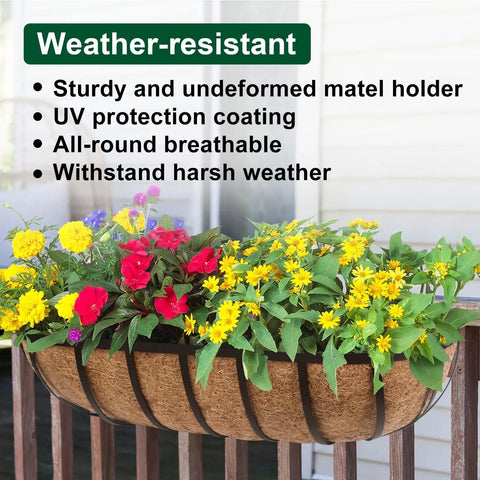 Rock Solid Metal Railing Planter Two Pack 24 Inch Rust Proof Window Box with vibrant flowers and weather-resistant coco liner.