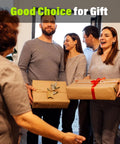 Group of people exchanging wrapped gifts, smiling and happy