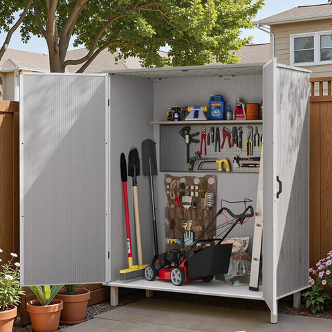 5 By 3 Ft Resin Outdoor Storage Shed With Floor Waterproof Plastic Cabinet Garden Organizer Shed With Lockable Door in backyard