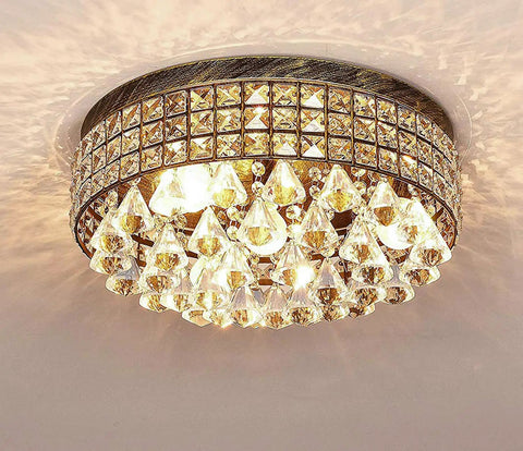 Close-up of 4 Light Traditional Crystal Chandelier In Bronze Drum Ceiling Light Fixture With Round Metal Shade And Raindrop Crystals
