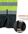 Zippered leg of Hi Vis Rain Pants With Dirt Hiding Black Panels showing easy on-off feature over boots.