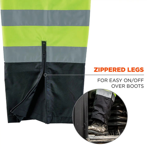 Zippered leg of Hi Vis Rain Pants With Dirt Hiding Black Panels showing easy on-off feature over boots.