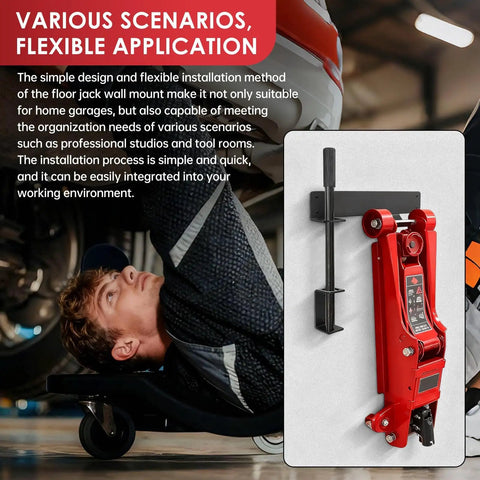 Floor Jack Wall Mount With Handle Holder For Easy Garage Storage And Quick Access Heavy Duty Jack Holder And Hydraulic Trolley Stand Accessory installed on wall