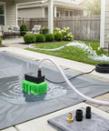 Above Ground Pool Cover Drain Pump 850 GPH Submersible with Thermal Protection, showing hose, adapters on pool cover.