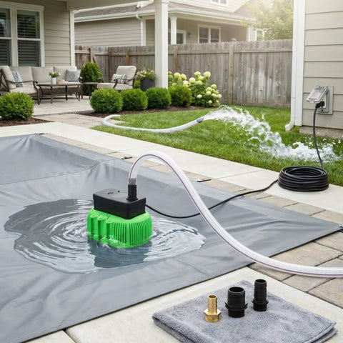 Above Ground Pool Cover Drain Pump 850 GPH Submersible with Thermal Protection, showing hose, adapters on pool cover.