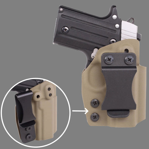 Black Oxide Coated Steel Phillips Flat Head Truss Machine Screws in Kydex leather holster for secure mounting.